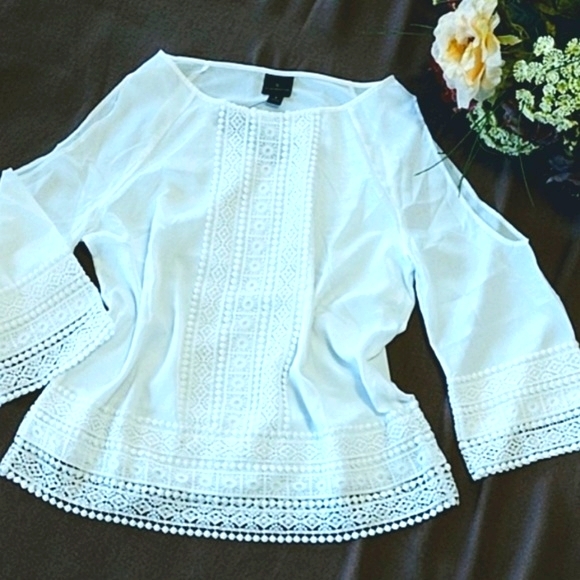 NEW Worthington White Top Blouse Pullover Cold Shoulder 3/4 Slve Crochet Lace Sm - Picture 3 of 8